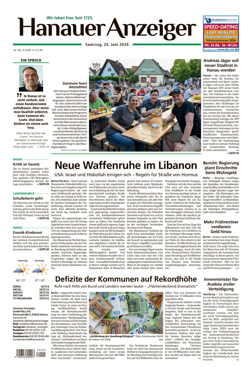 Hanauer Anzeiger vom Samstag, 20.06.2026