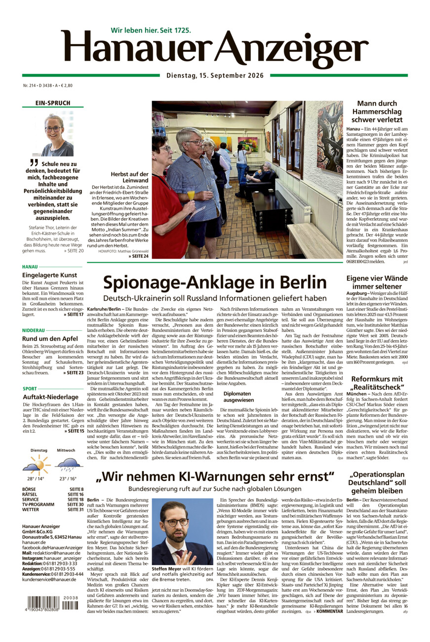 Hanauer Anzeiger vom Dienstag, 15.09.2026