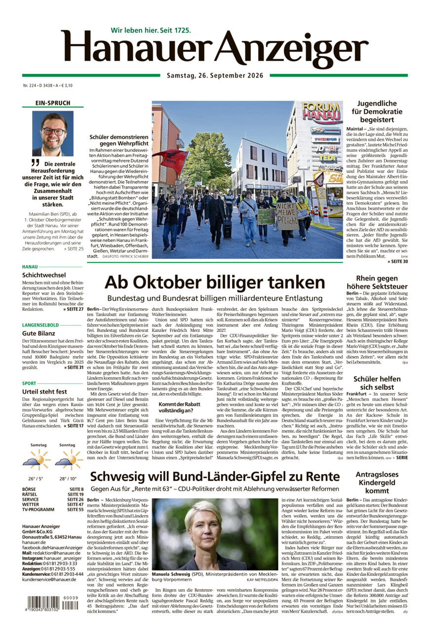 Hanauer Anzeiger vom Samstag, 26.09.2026