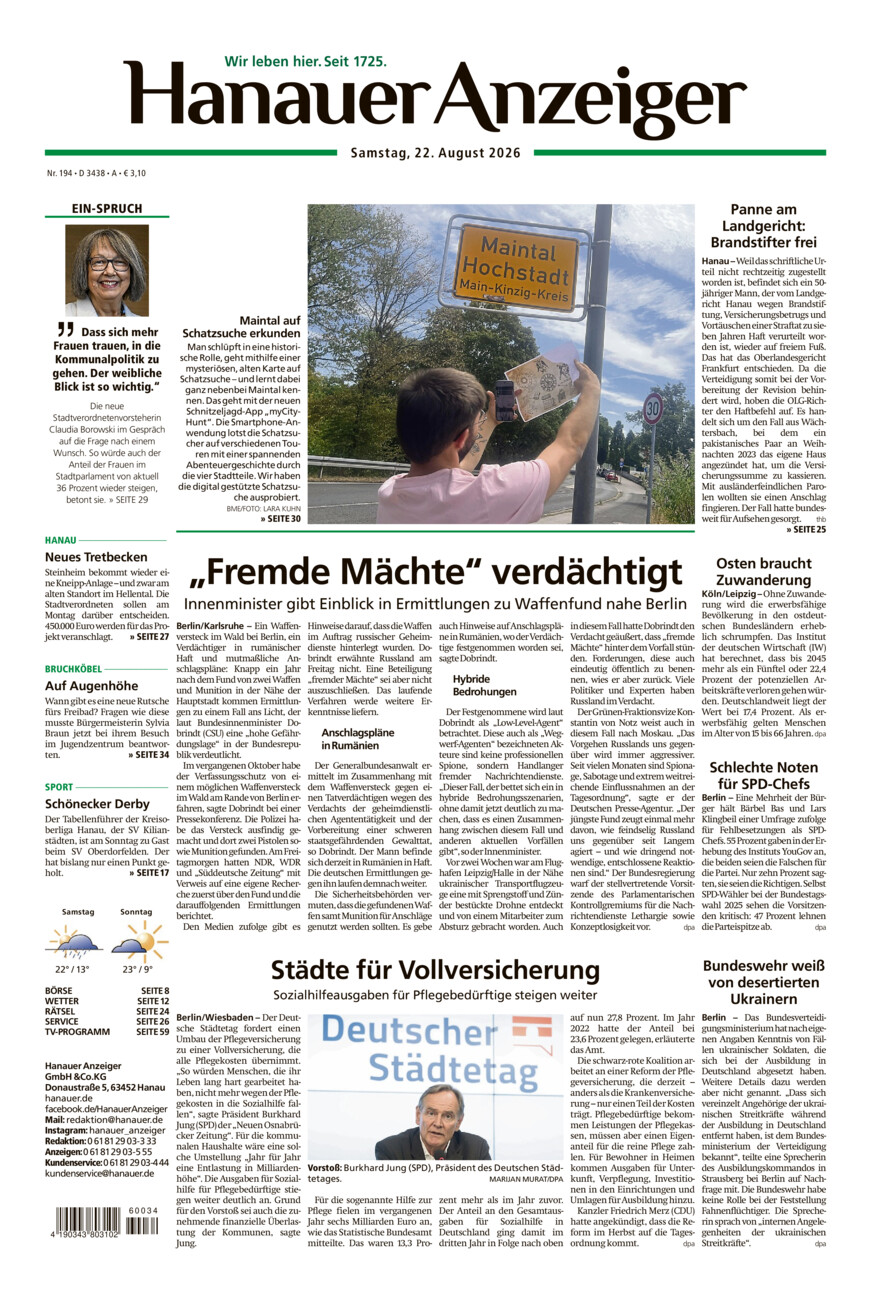 Hanauer Anzeiger vom Samstag, 22.08.2026
