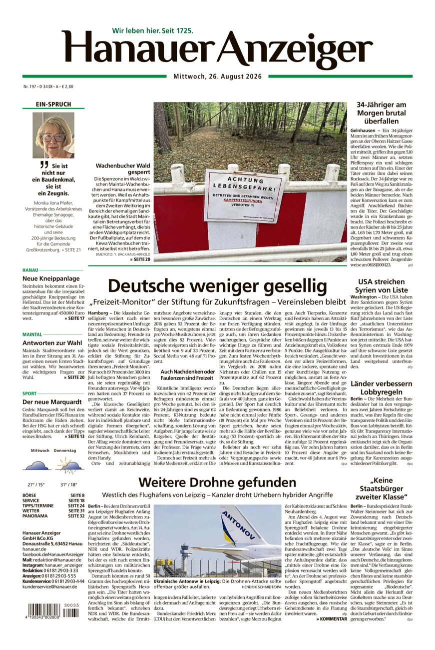 Hanauer Anzeiger vom Mittwoch, 26.08.2026