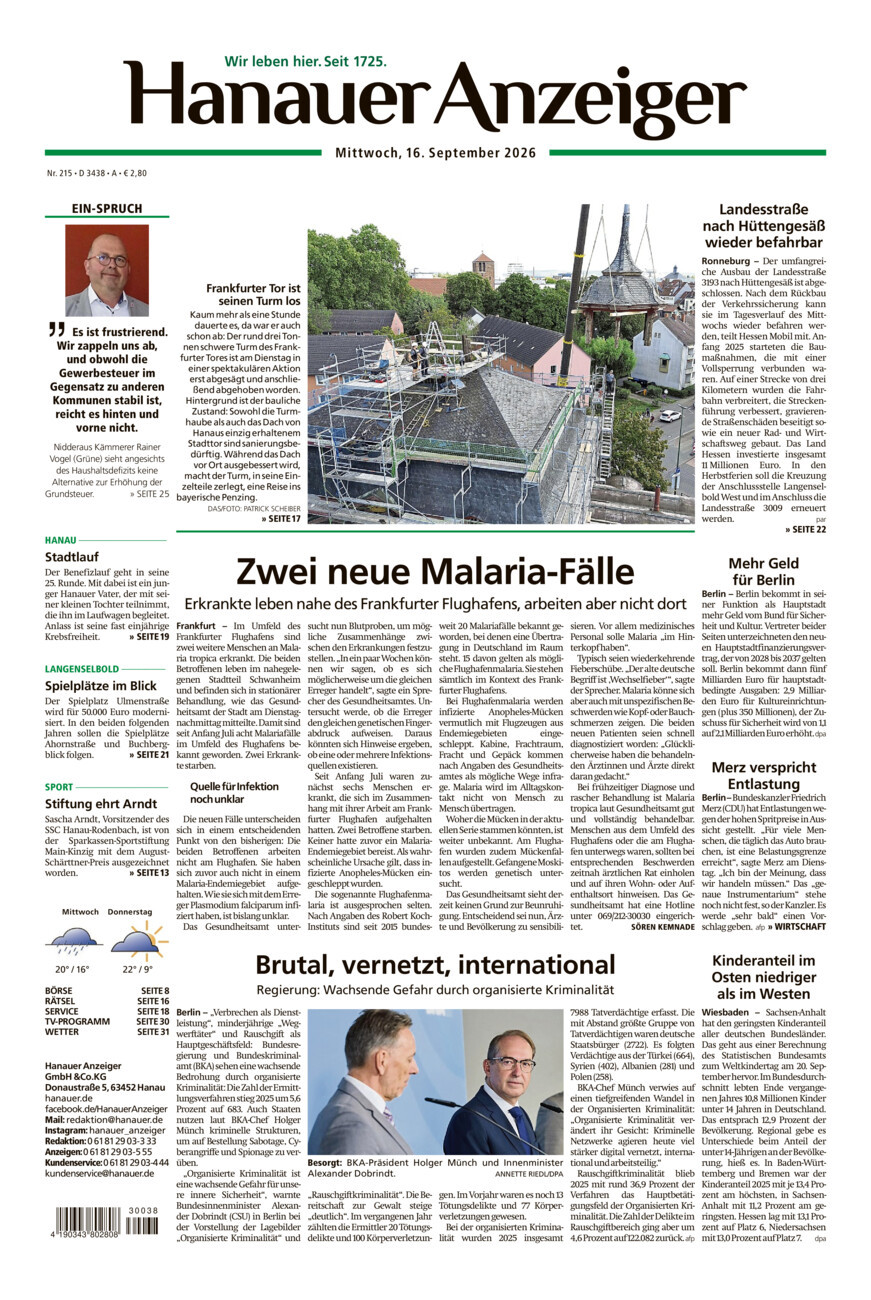 Hanauer Anzeiger vom Mittwoch, 16.09.2026