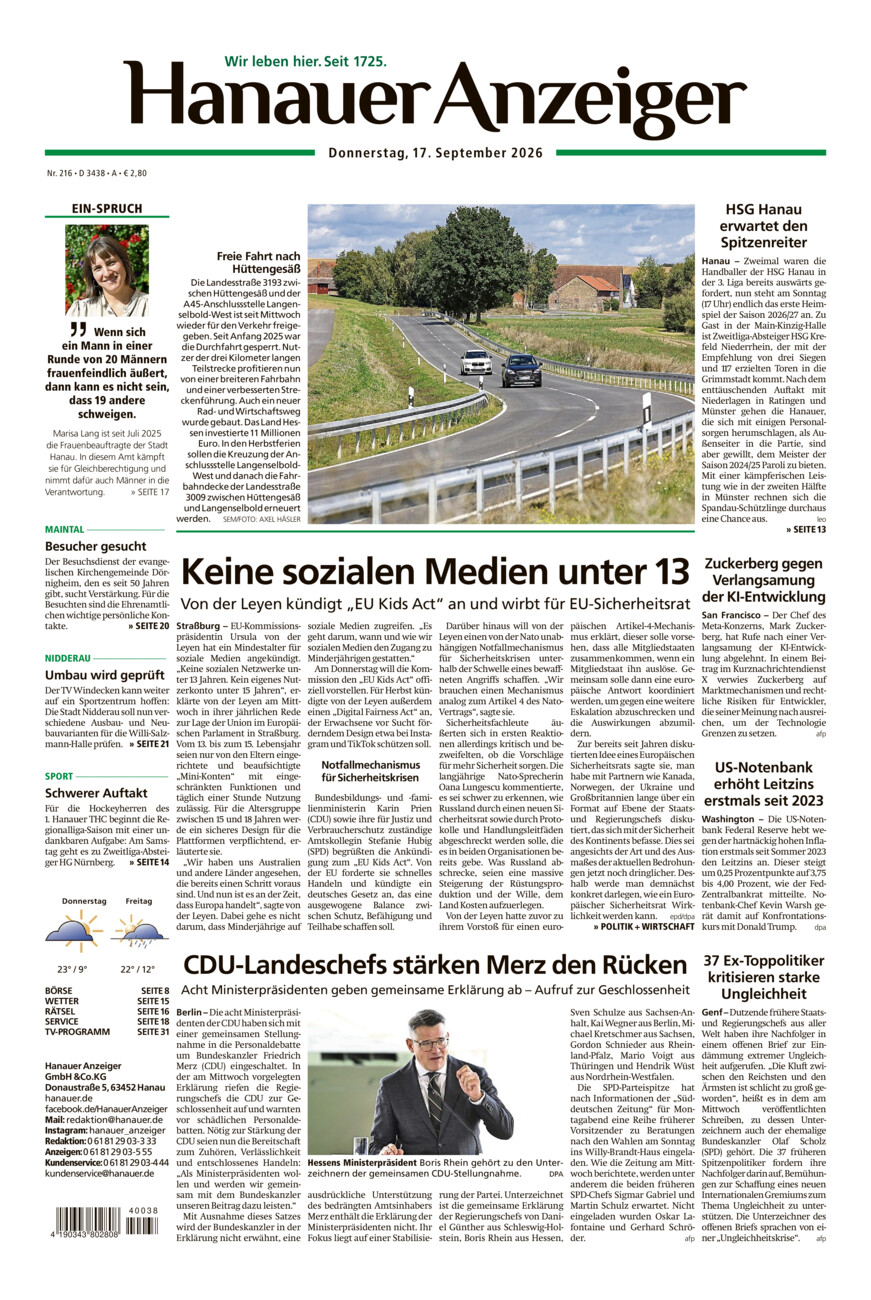 Hanauer Anzeiger vom Donnerstag, 17.09.2026