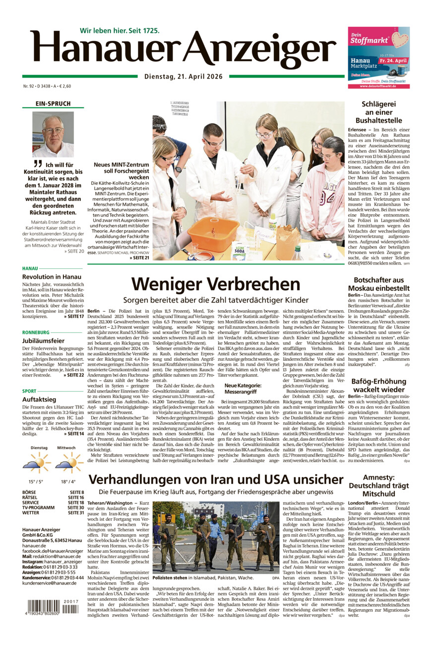 Hanauer Anzeiger vom Dienstag, 21.04.2026