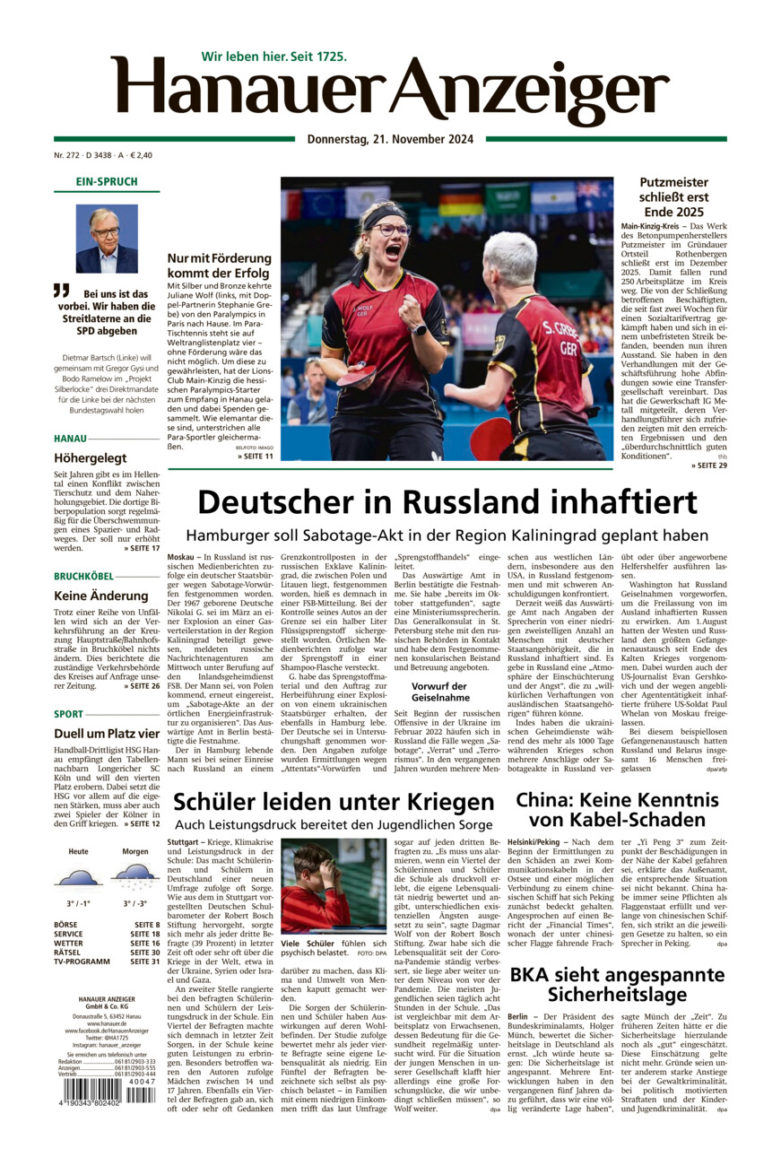 Hanauer Anzeiger vom Donnerstag, 21.11.2024