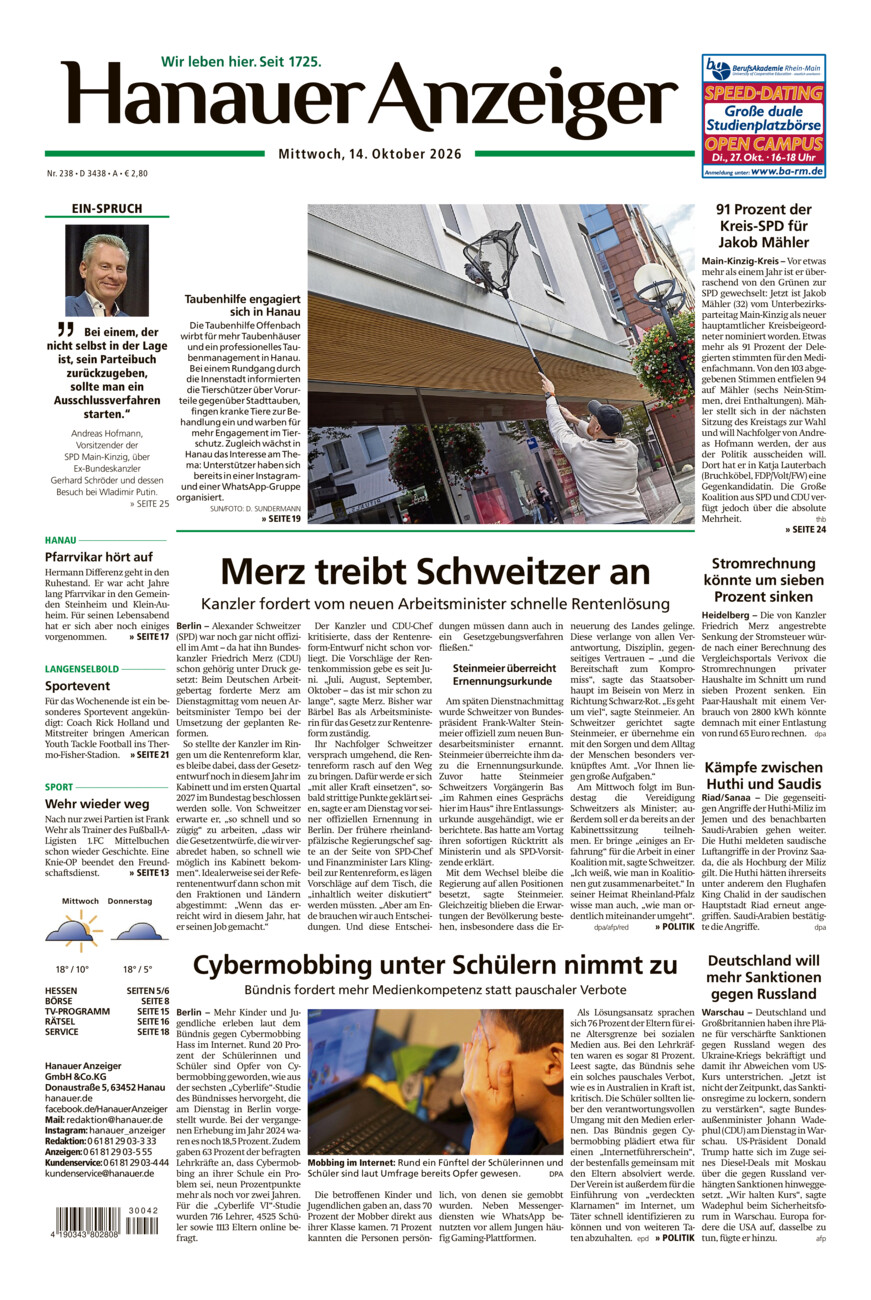 Hanauer Anzeiger vom Mittwoch, 14.10.2026