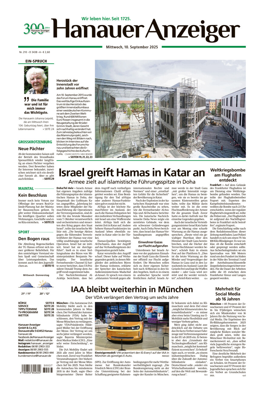Hanauer Anzeiger vom Mittwoch, 10.09.2025