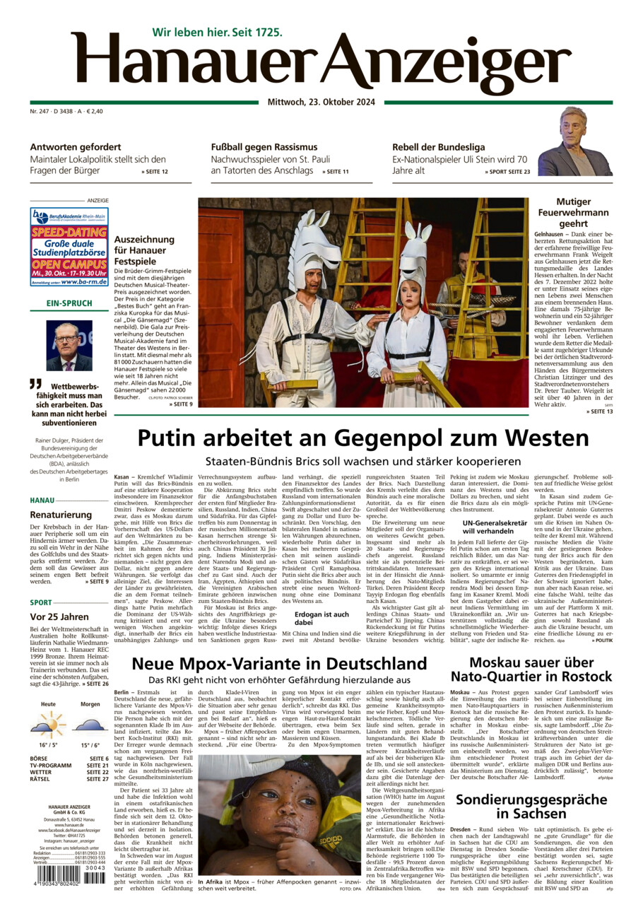 Hanauer Anzeiger vom Mittwoch, 23.10.2024