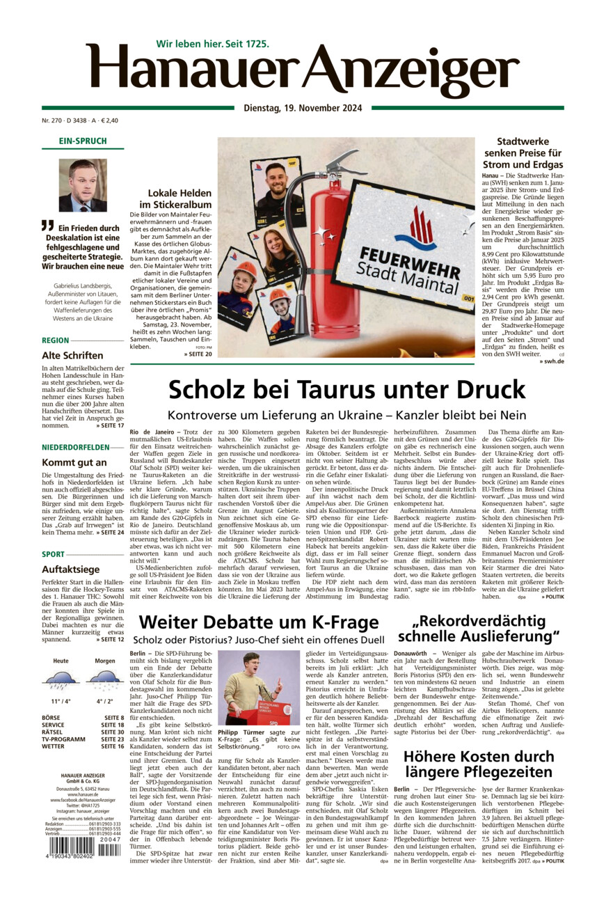 Hanauer Anzeiger vom Dienstag, 19.11.2024