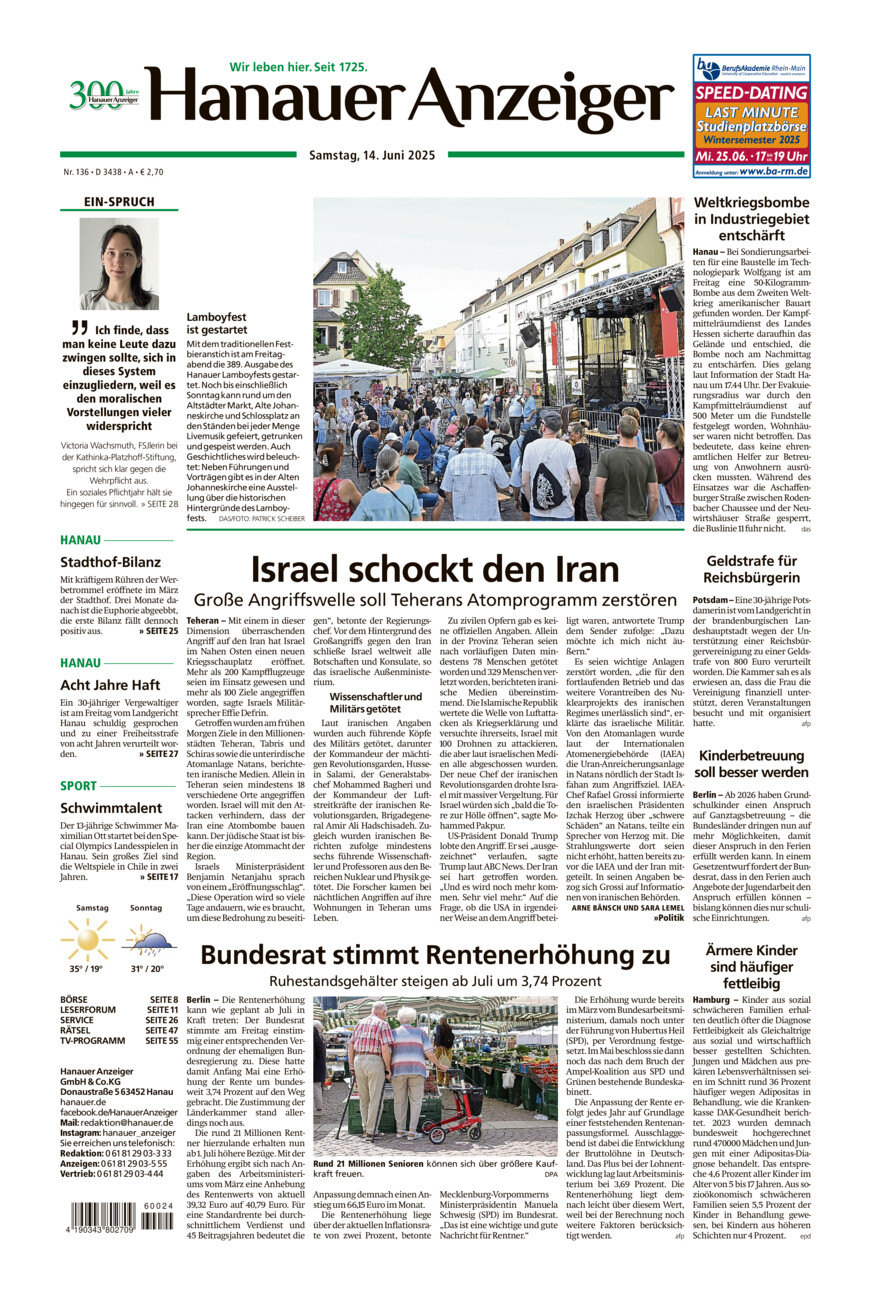 Hanauer Anzeiger vom Samstag, 14.06.2025