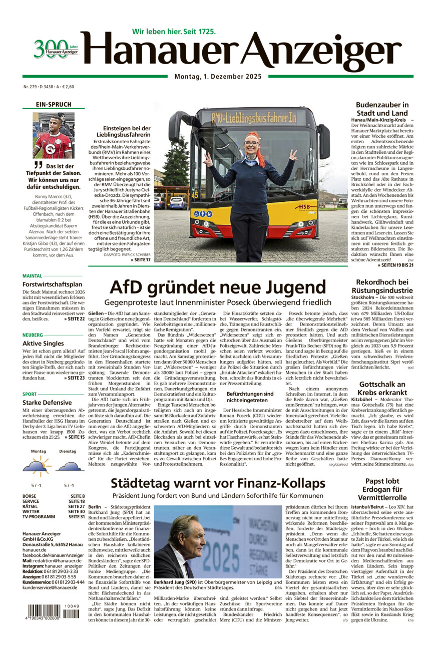 Hanauer Anzeiger vom Montag, 01.12.2025