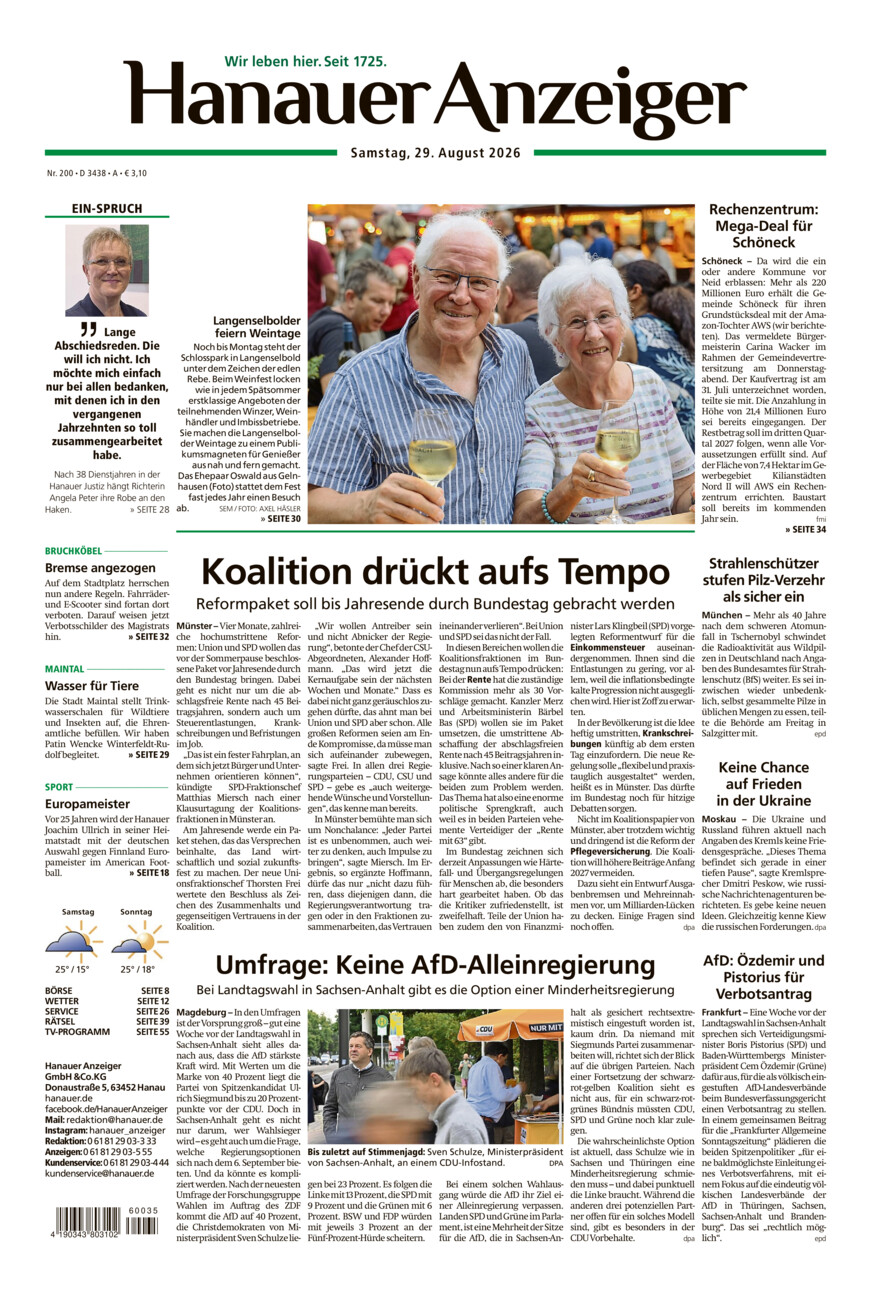 Hanauer Anzeiger vom Samstag, 29.08.2026