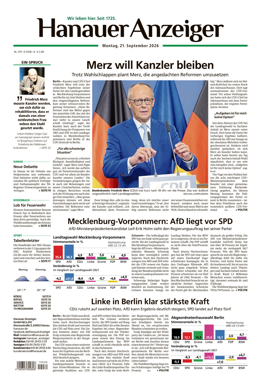 Hanauer Anzeiger vom Montag, 21.09.2026