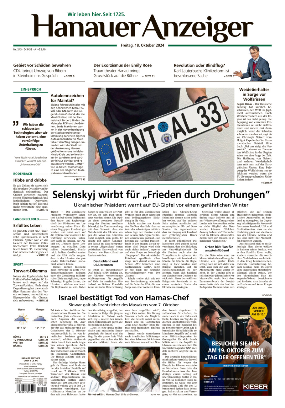 Hanauer Anzeiger vom Freitag, 18.10.2024