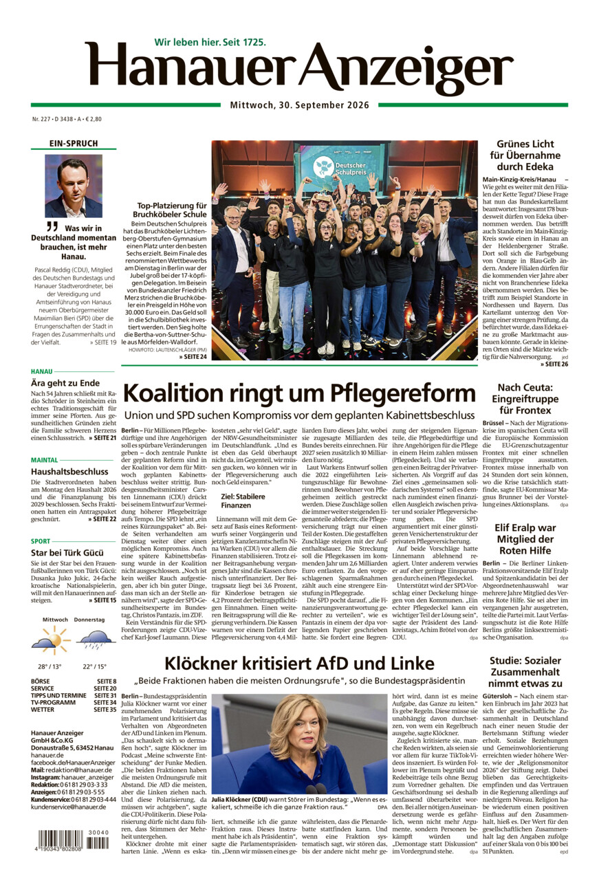 Hanauer Anzeiger vom Mittwoch, 30.09.2026