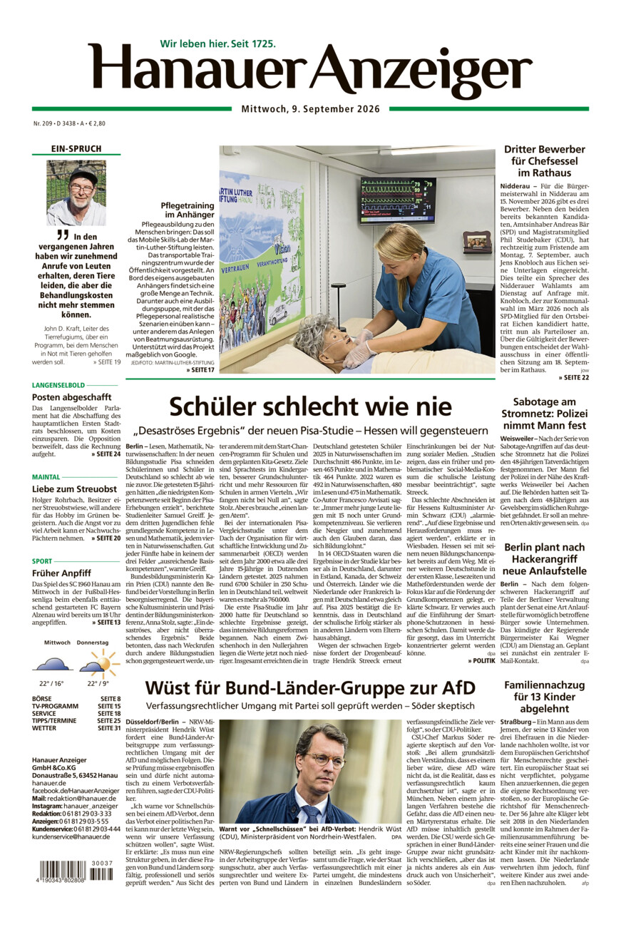 Hanauer Anzeiger vom Mittwoch, 09.09.2026