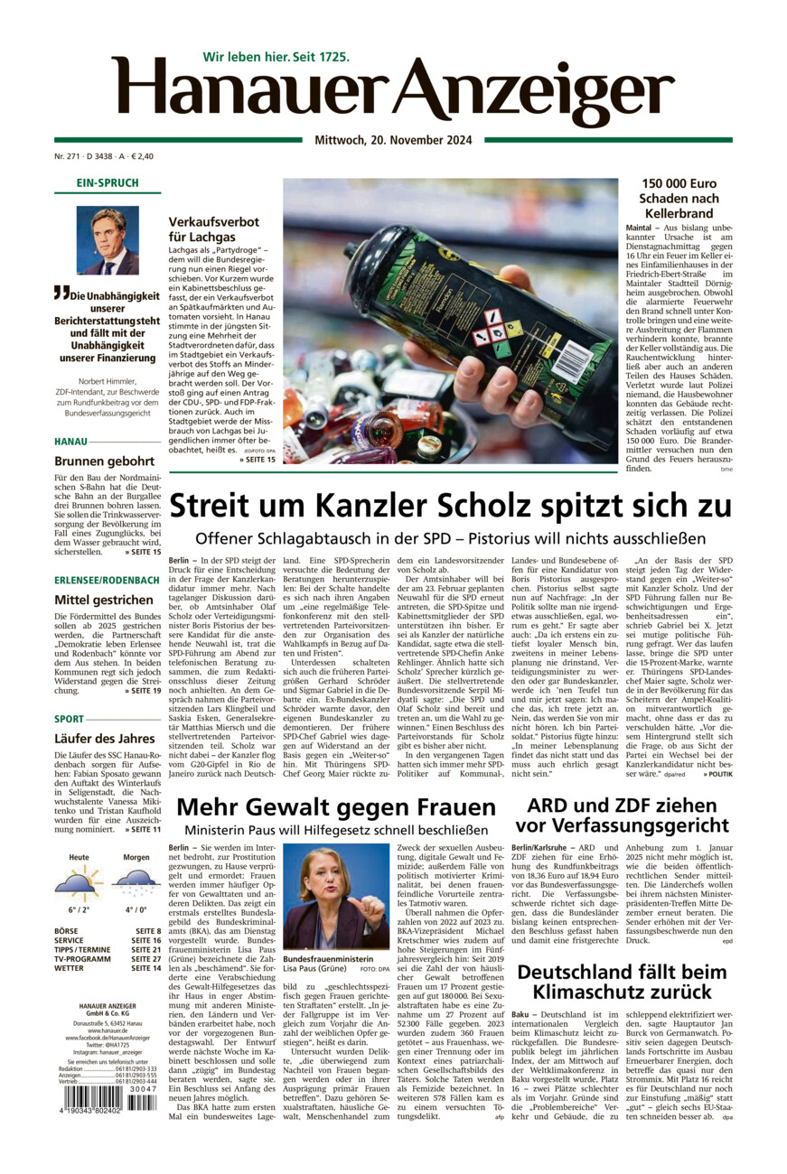 Hanauer Anzeiger vom Mittwoch, 20.11.2024