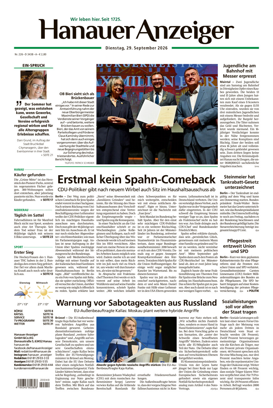 Hanauer Anzeiger vom Dienstag, 29.09.2026