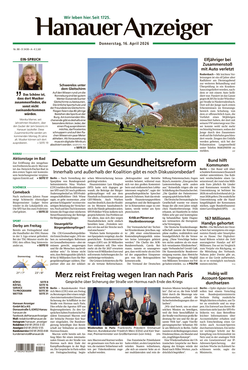Hanauer Anzeiger vom Donnerstag, 16.04.2026