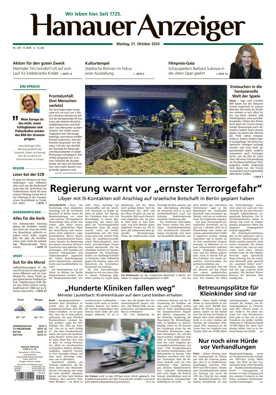 Hanauer Anzeiger vom Montag, 21.10.2024