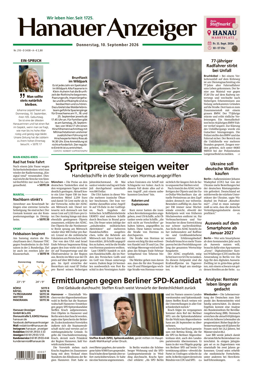 Hanauer Anzeiger vom Donnerstag, 10.09.2026