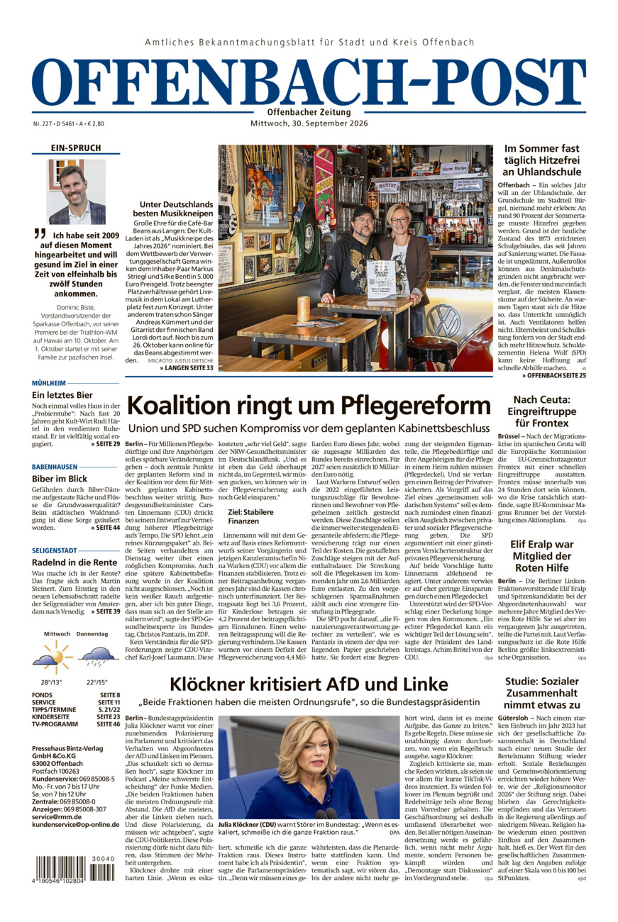 Offenbach-Post vom Mittwoch, 30.09.2026