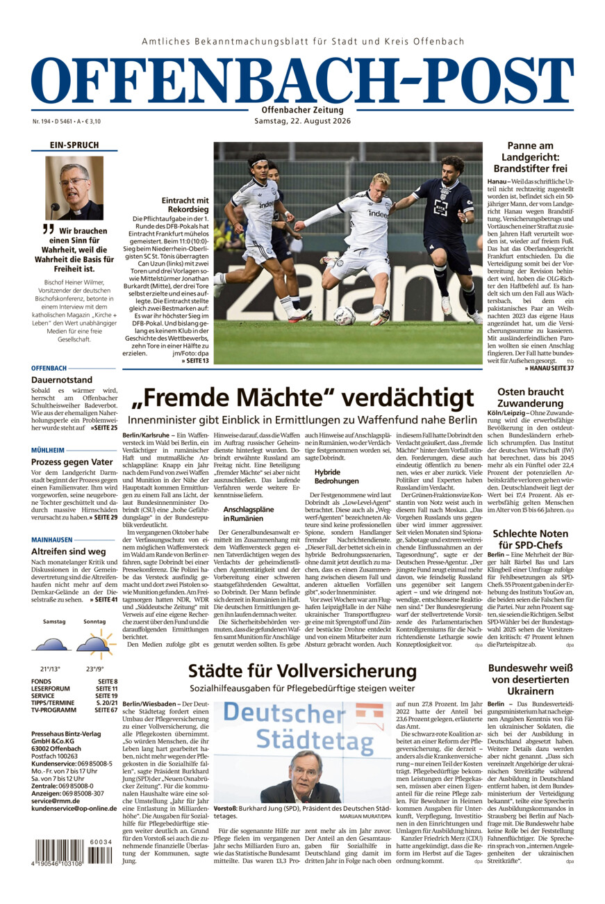Offenbach-Post vom Samstag, 22.08.2026