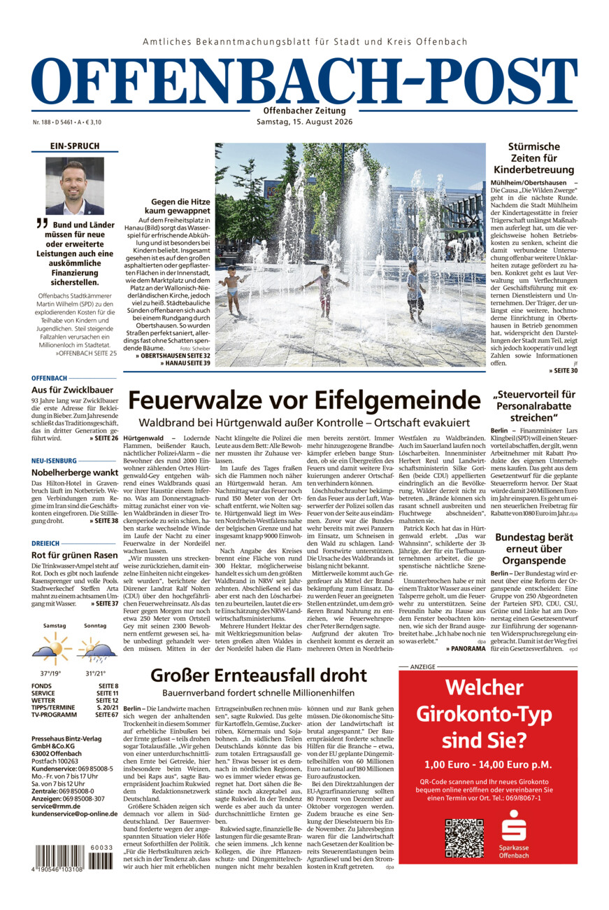 Offenbach-Post vom Samstag, 15.08.2026