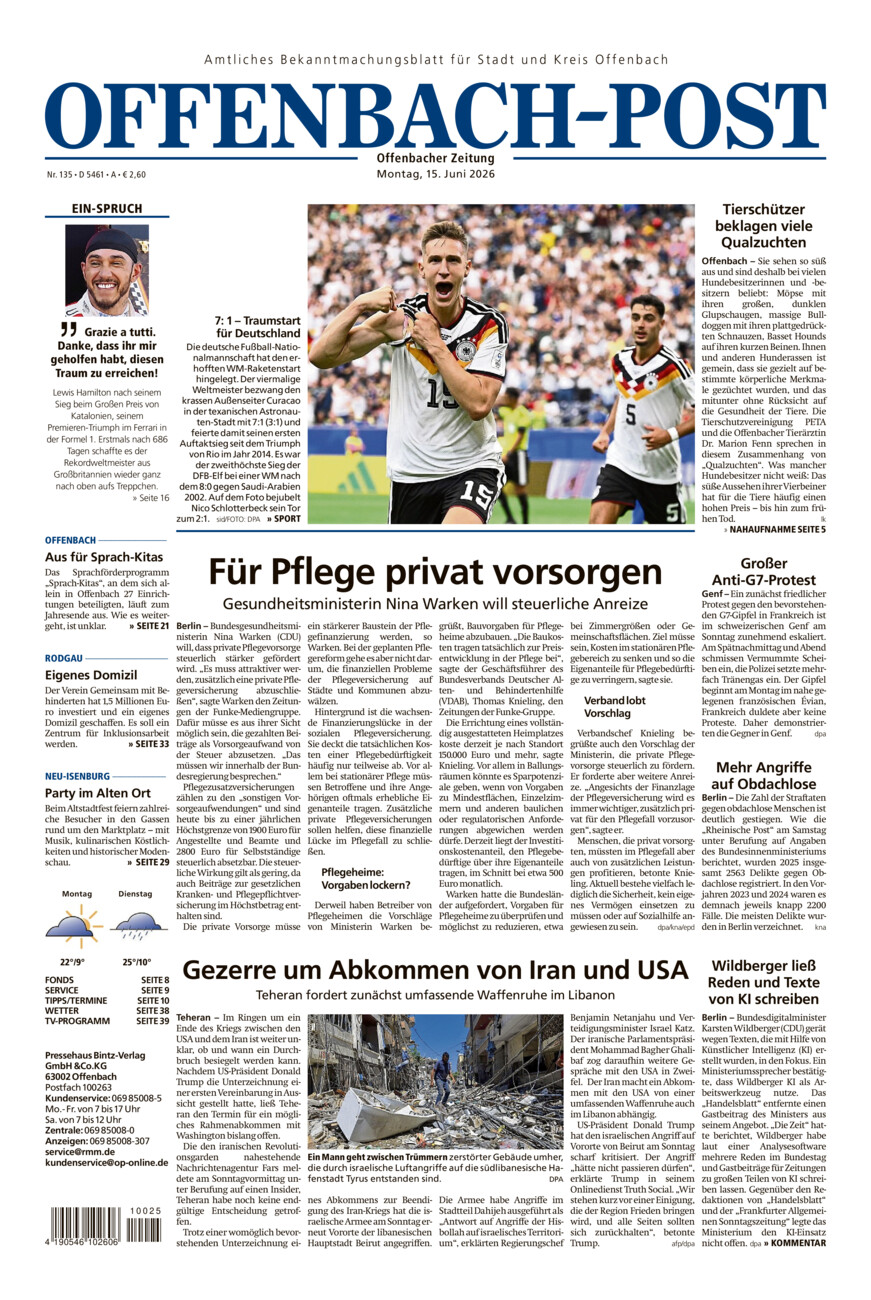 Offenbach-Post vom Montag, 15.06.2026