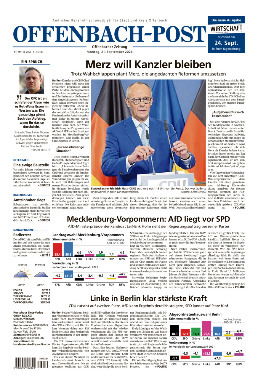 Offenbach-Post vom Montag, 21.09.2026