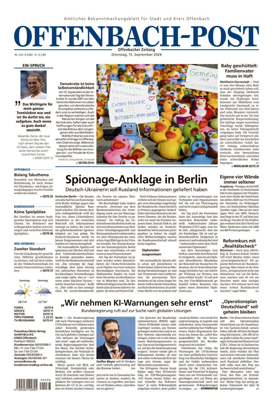 Offenbach-Post vom Dienstag, 15.09.2026