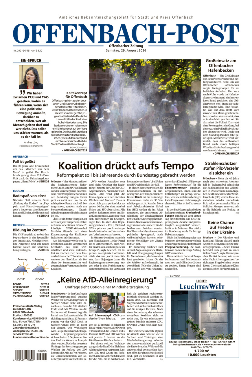 Offenbach-Post vom Samstag, 29.08.2026