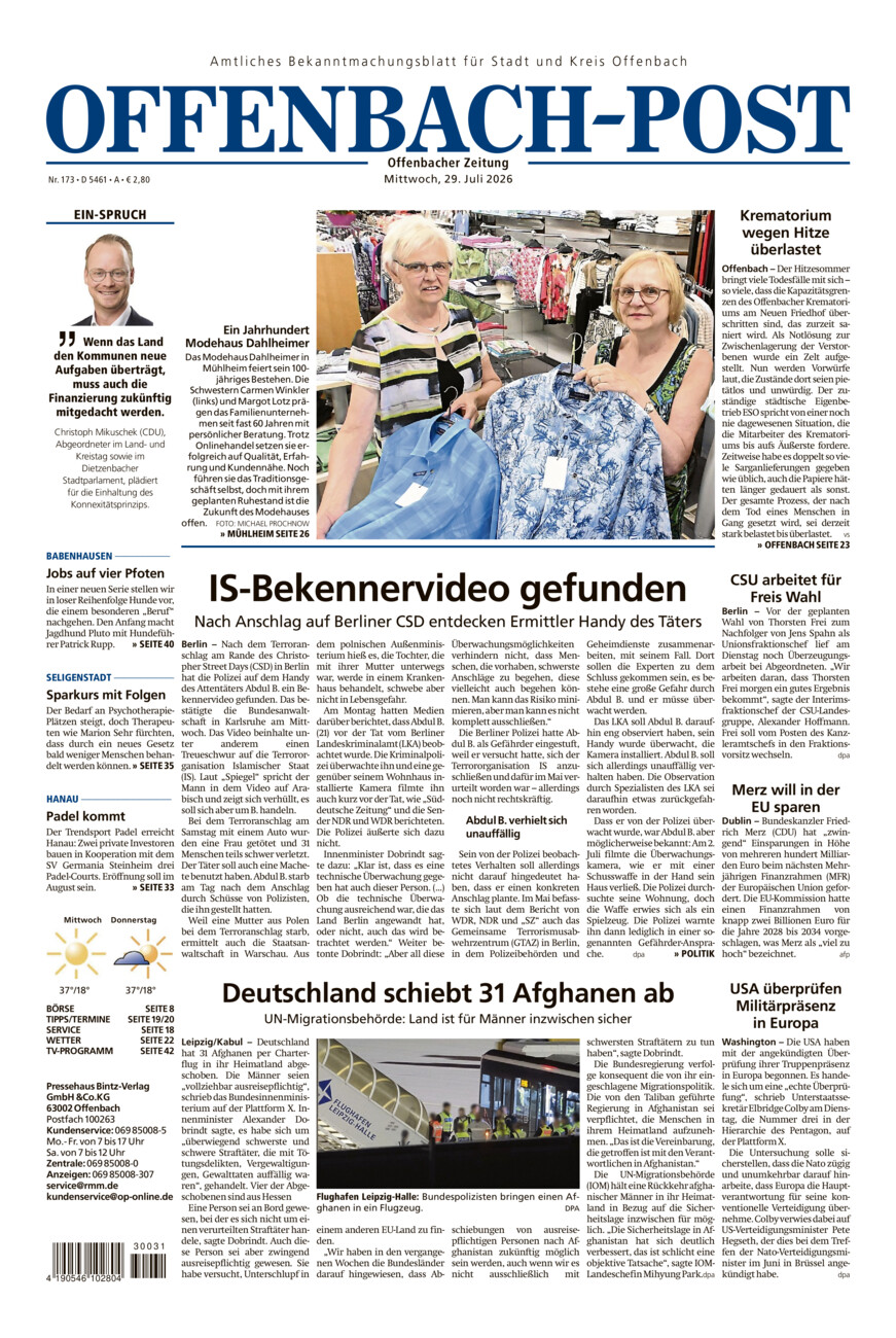 Offenbach-Post vom Mittwoch, 29.07.2026