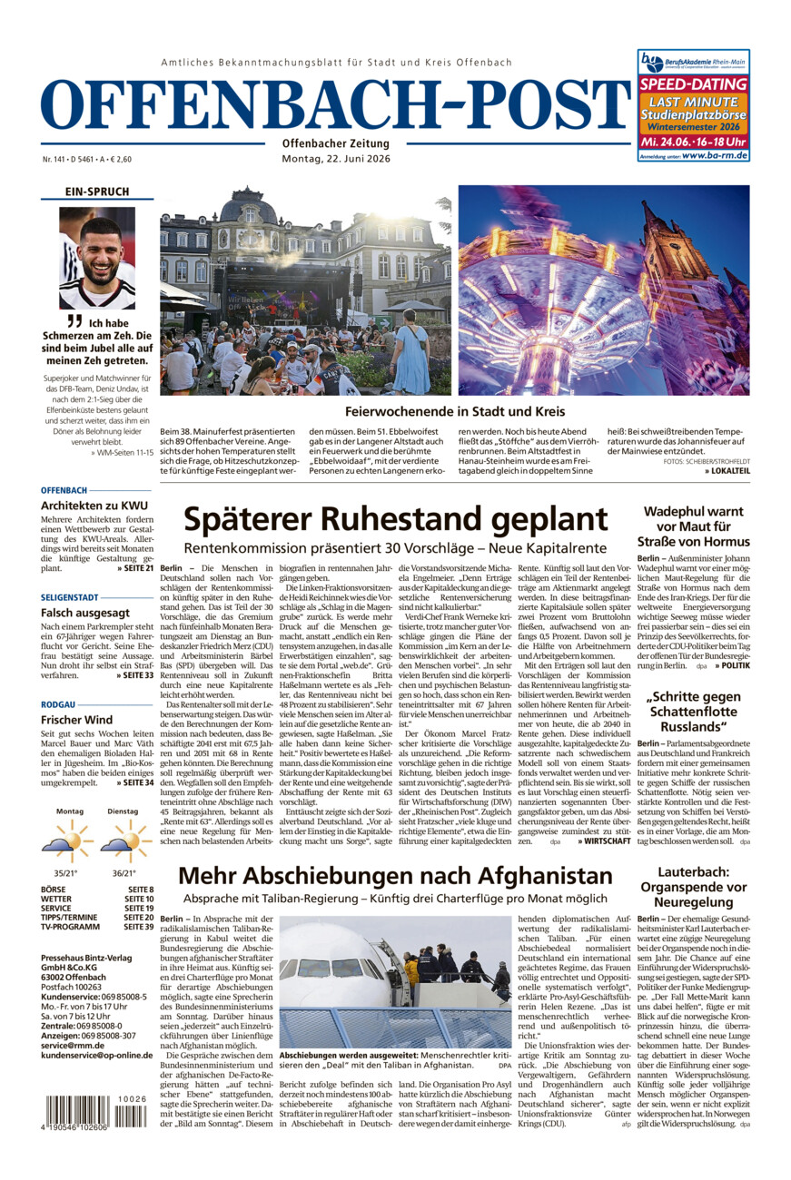 Offenbach-Post vom Montag, 22.06.2026